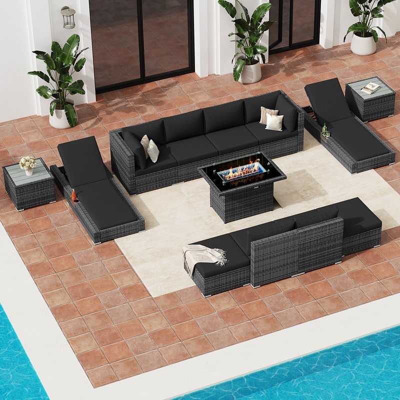 FINCATI 13-Piece Wicker Sectional Patio Conversation Set with 43" CSA Fire Pit, High-Back Deep Seating, Lounge Chaise, Dual Fuel