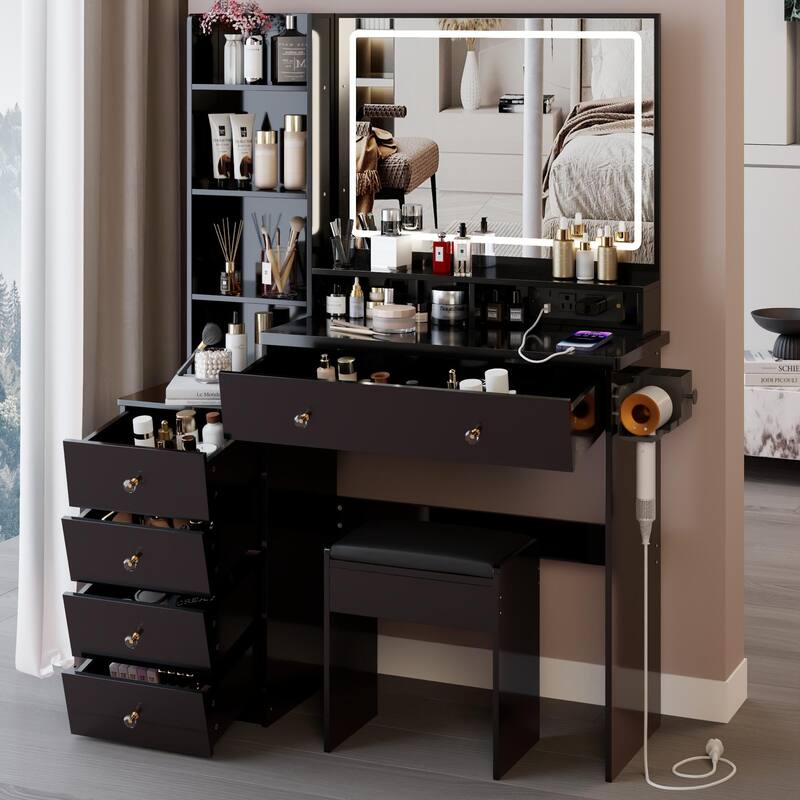 41" Large Size Left Bedside Cabinet Vanity Table + Cushioned Stool Dresser Set, 2 AC+2 USB Power Station, Hair Dryer Stand