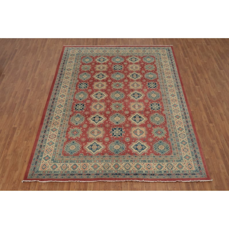 Hand Knotted Oriental 100% Wool Carpet Traditional Geometric Pink Kazak Area Rug - 11' 9'' X 9' 1''