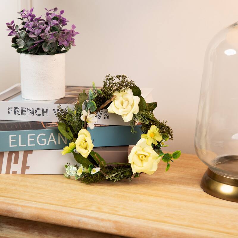 Mini Rose and Foliage Artificial Spring Wreath - 7" - Yellow