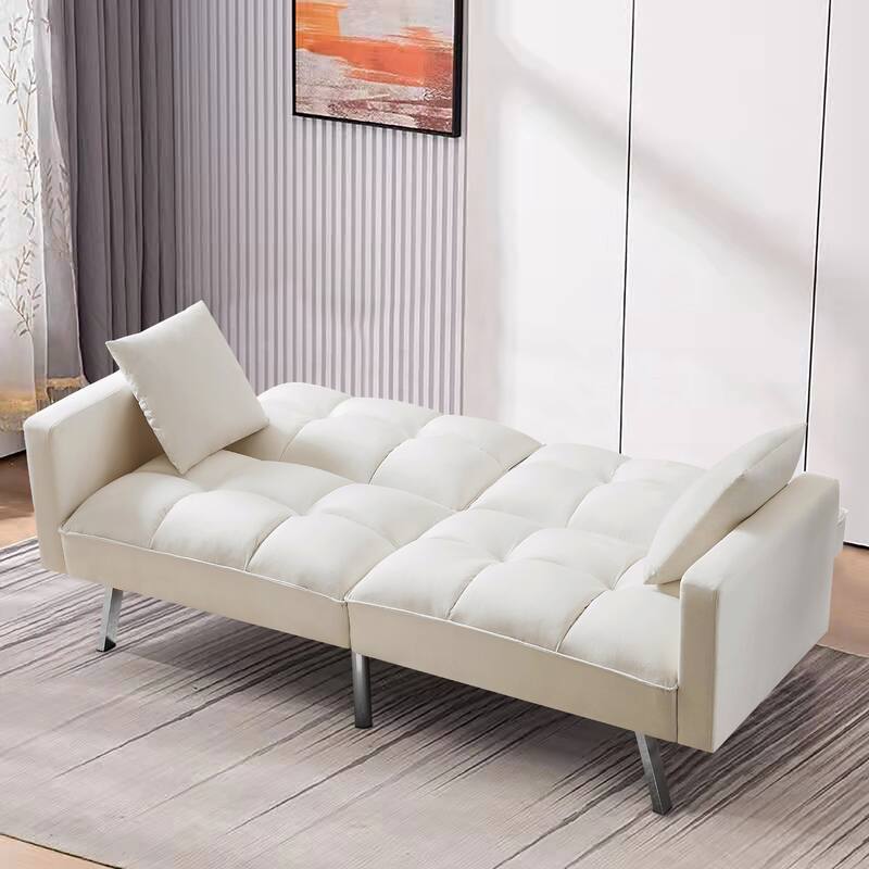 Velvet Futon Sofa Bed with Two Pillows, Convertible Sleeper Sofa Couch with 3 Angle Adjustable Backrest, Modern Loveseat