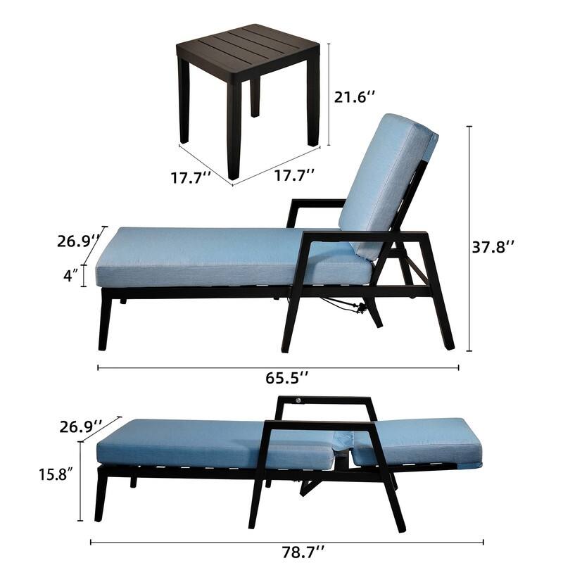 3PC Outdoor Patio Chaise Lounge Set - Modern Tapered Feet, Adjustable Backrest, Wheels & Sunbrella Cushions