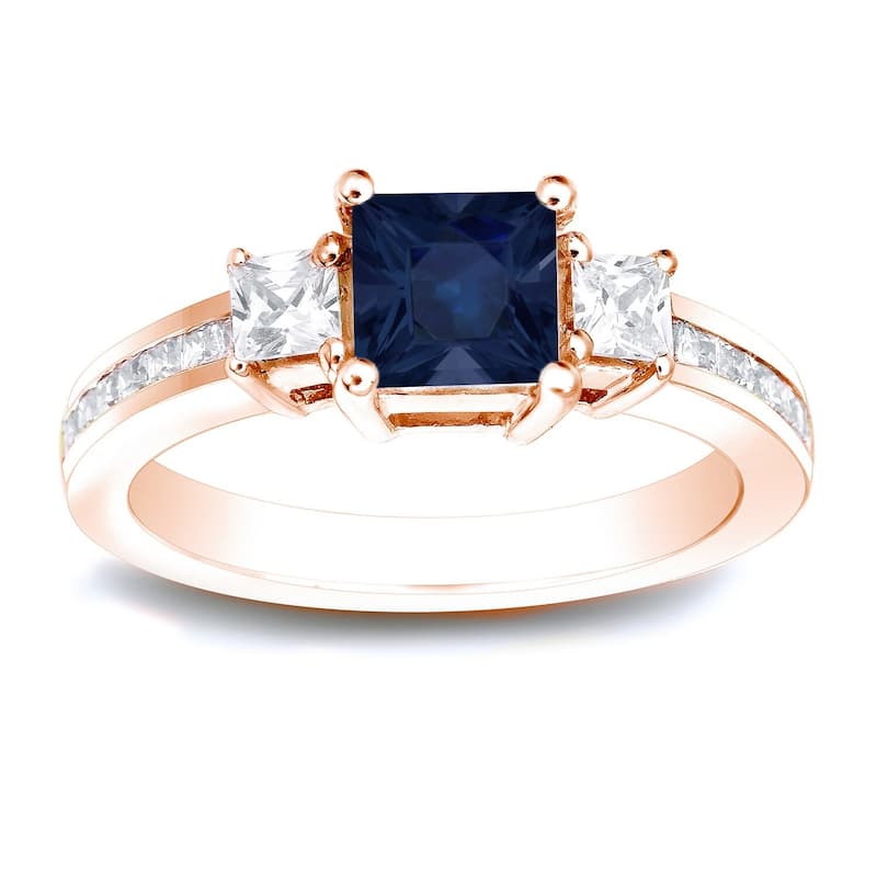 Auriya 14k Gold 3/4ct Princess-cut Sapphire 3-Stone Diamond Engagement Ring 3/4ctw