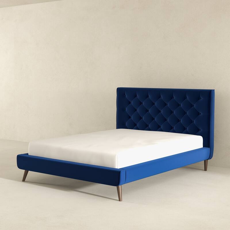 Queen Size Velvet Mid-Century Platform Bed with Tufted Headboard and Solid Wood Frame