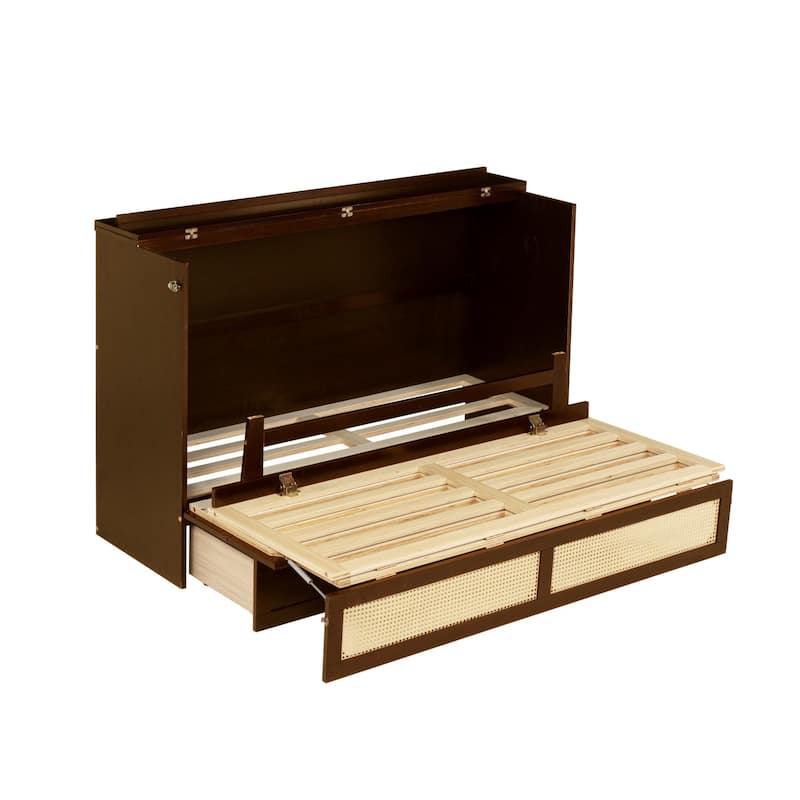 Queen Size Wood Murphy Bed with Rattan Decoration Panel and Drawer