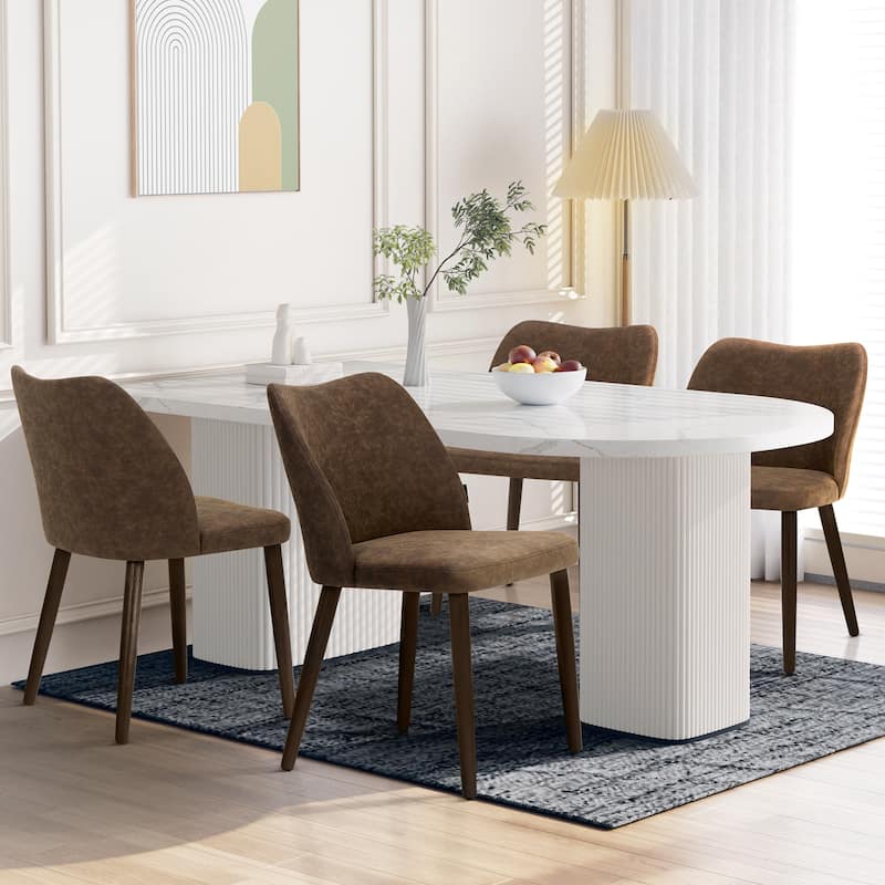 Set of 2 Wooden Dining Chairs, Beige Upholstered Fabric for Kitchen & Dining Room - Dark Brown