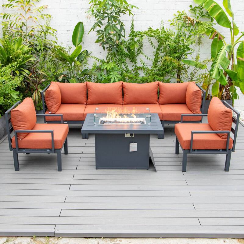 Chelsea 7-Piece Outdoor Patio Sectional Set with Firepit Table in Black Aluminum for Backyard Garden and Patio Deck