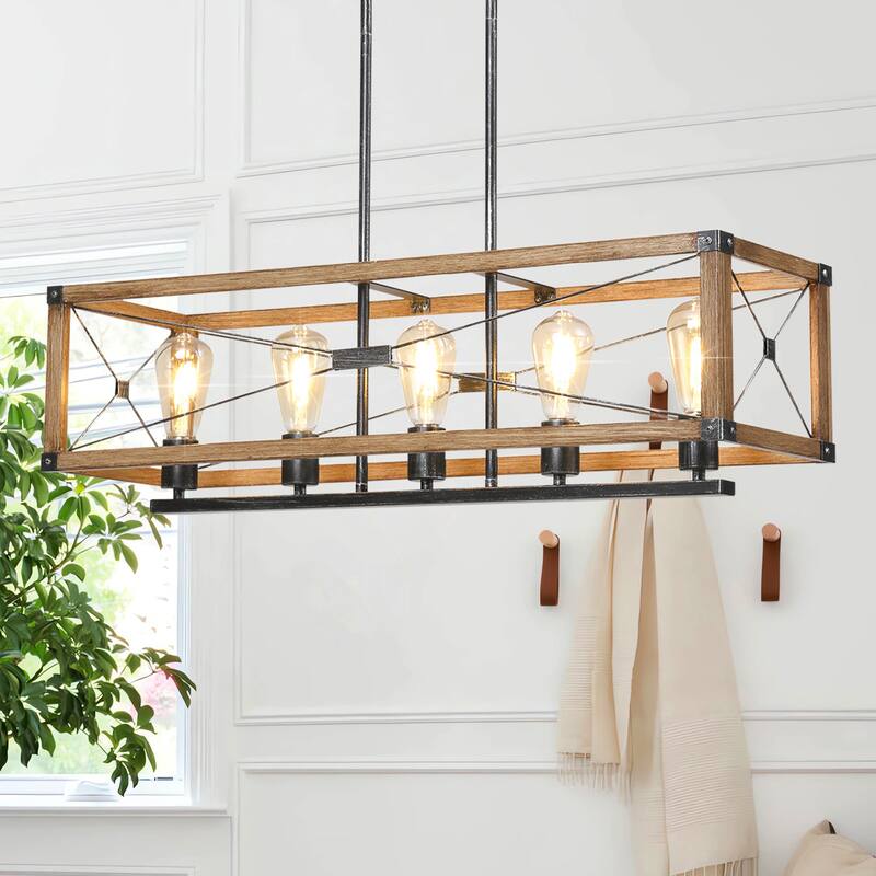 Farmhouse Black Rectangular Chandelier Island Lights for Kitchen Island Lighting - 5-Light