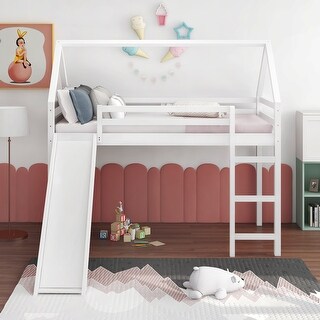 Stylish and Playful Design Wood Loft Bed with Slide, Ladder and Roof, Twin size, White