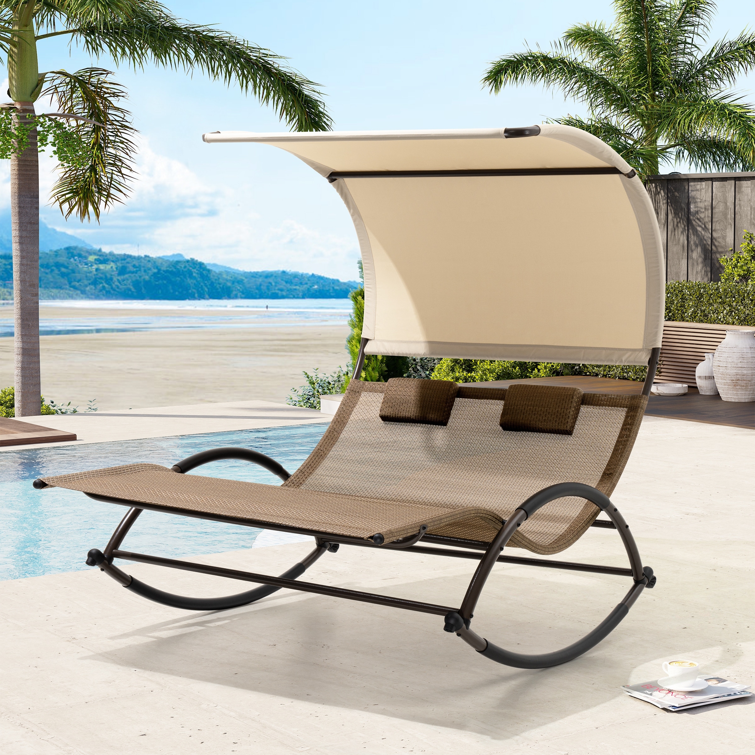 Outdoor Double Chaise Lounge Chair Rocking Lounger with Sunshade Canopy Bed Bath Beyond 31684955