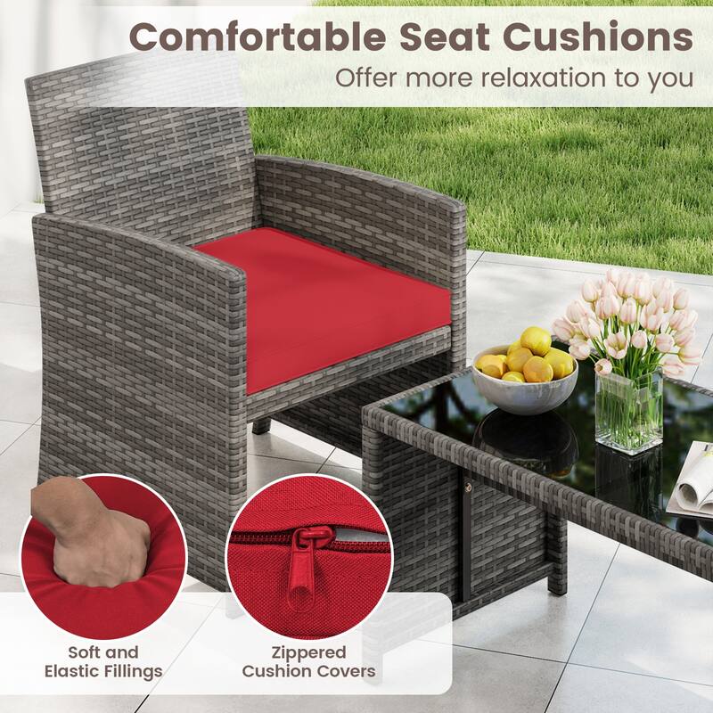 4 Piece Outdoor Patio Furniture Set Mix Gray PE Rattan Loveseat Armchairs and Tempered Glass Coffee Table with Cushions