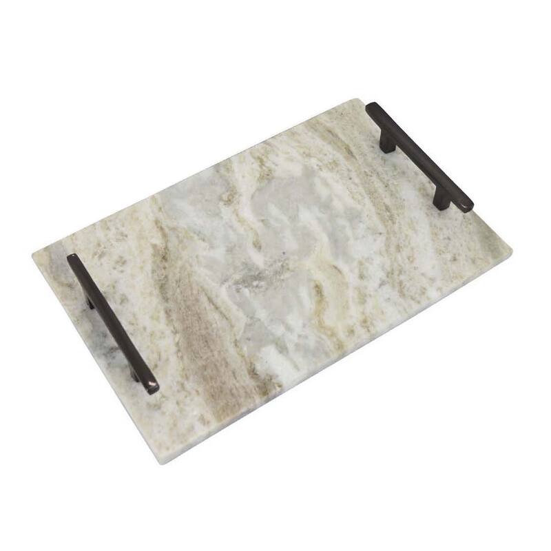 Entro Tray Set of 2, Rectangular Shape, 2 Gold Handles, White Finish Marble