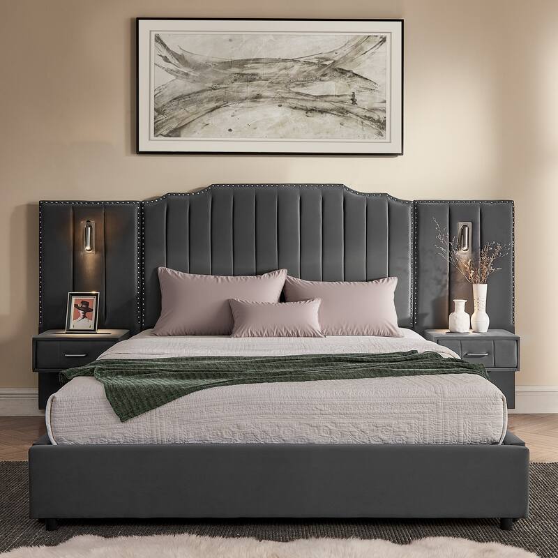 Queen Size Upholstered Bed Frame with Velvet Fabric, Vertical Stripe Design with Buttons Around Platform Bed