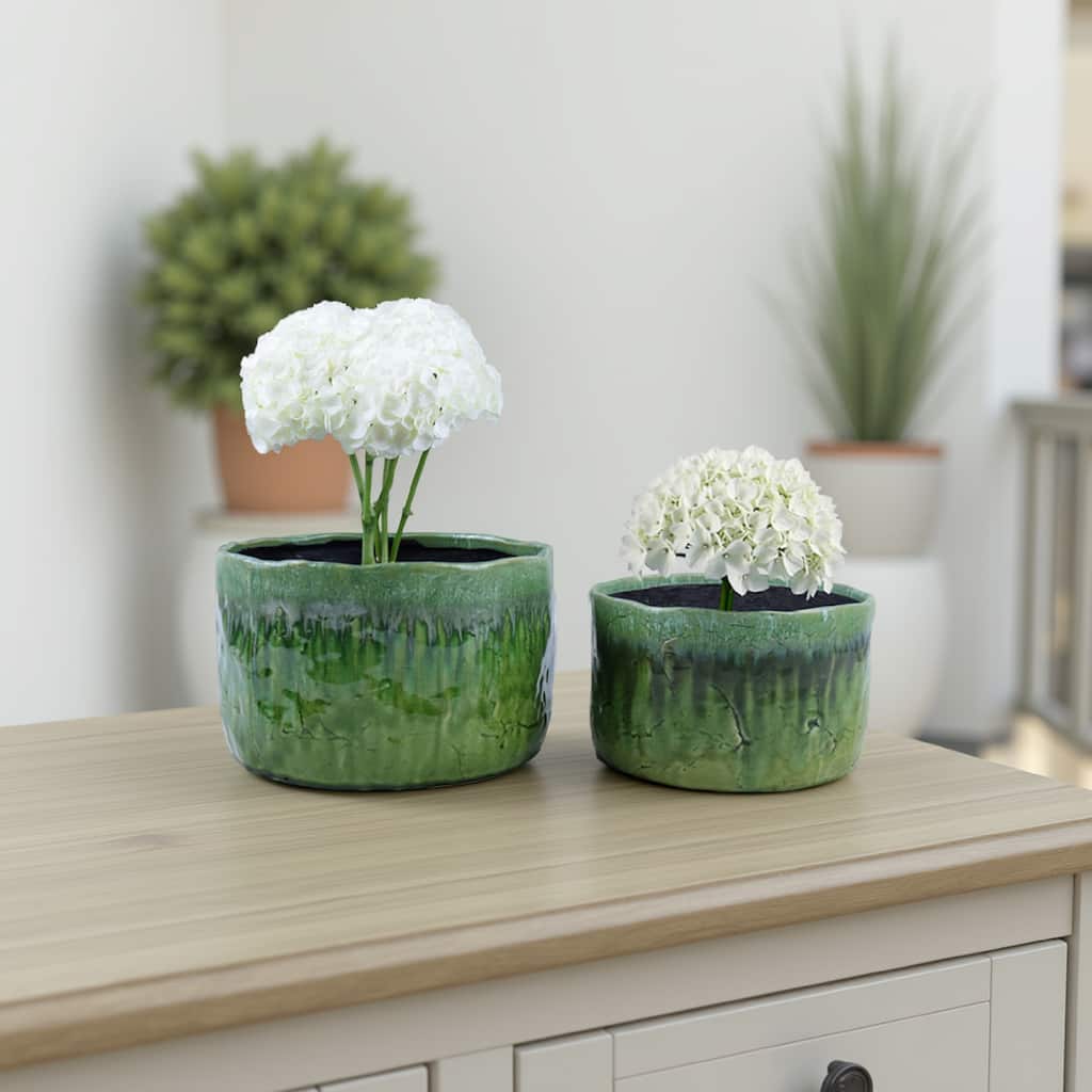 Foy Wide Planter Set of 2, Two Tone Green Ceramic, Round, Modern Style