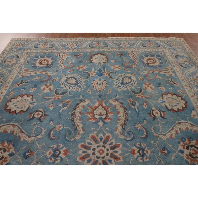 Over Dyed Blue Tabriz Persian Antique Area Rug Handmade Wool Carpet - 9'2"x 12'6"