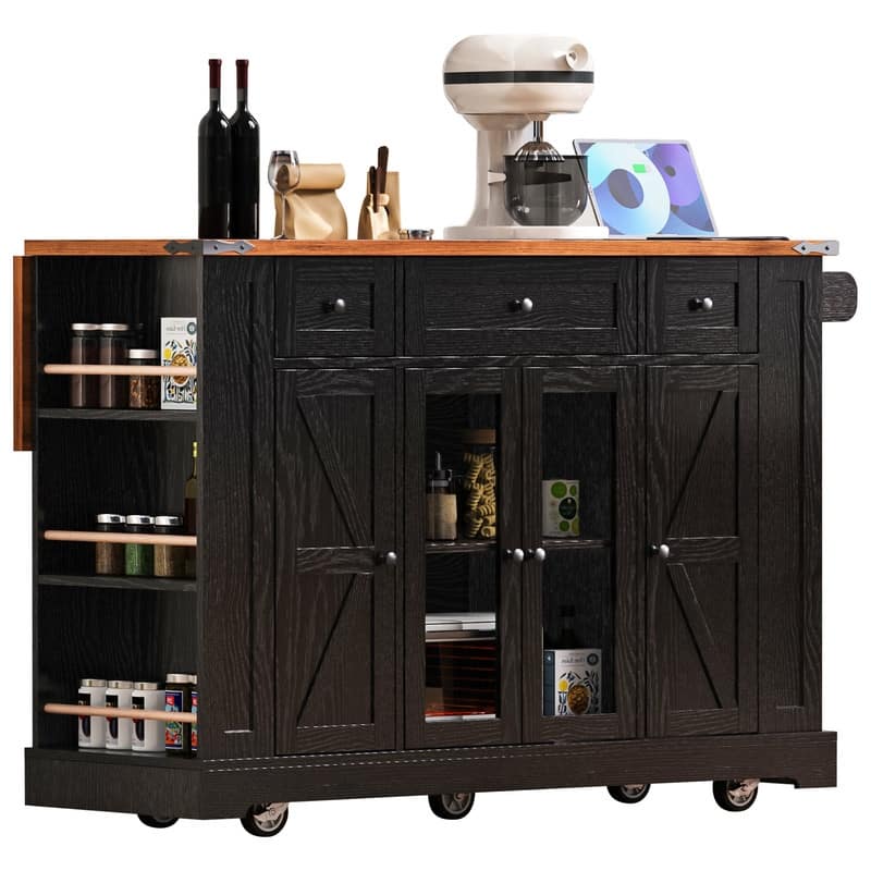 Farmhouse 53" Rolling Kitchen Cart on Wheels with Drop Leaf and Built-in Power Outlet