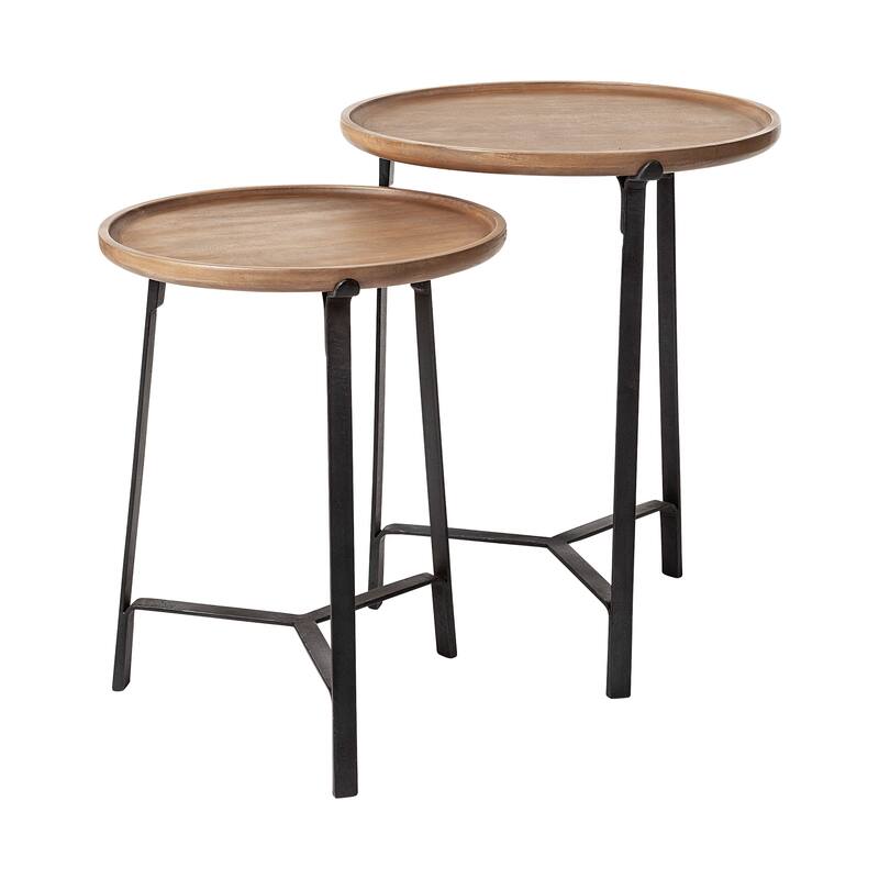 Helios III Round Medium Brown Solid Wood w/ Black Iron Base Nesting Tables - 20.0L x 20.0W x 24.0H