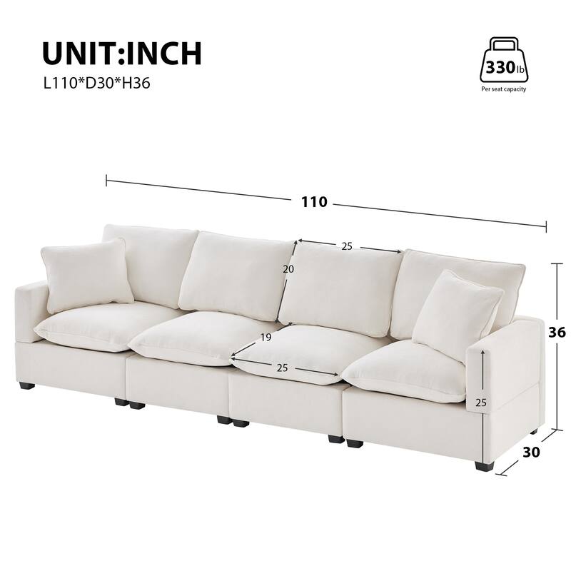 110" Chenille Modular Sectional Sofa with 2 Pillows, 4-Seater, 330lb Capacity