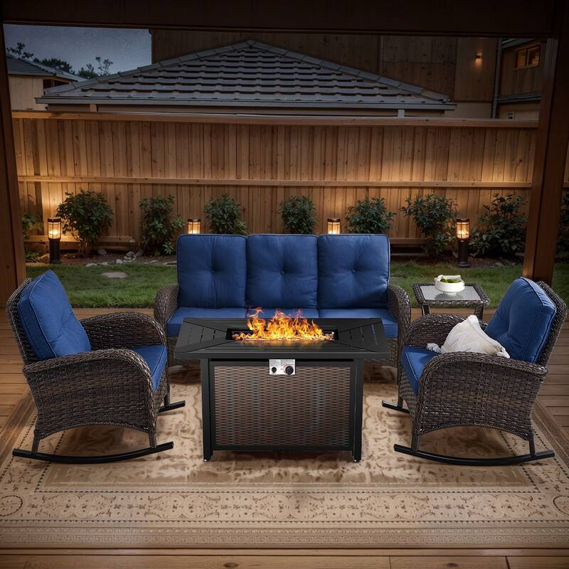 Gymojoy Outdoor Fire Pit Conversation Set, 3-Seat Sofa & Chairs Patio Furniture Set - 5-Piece included Rocking Chairs - Blue