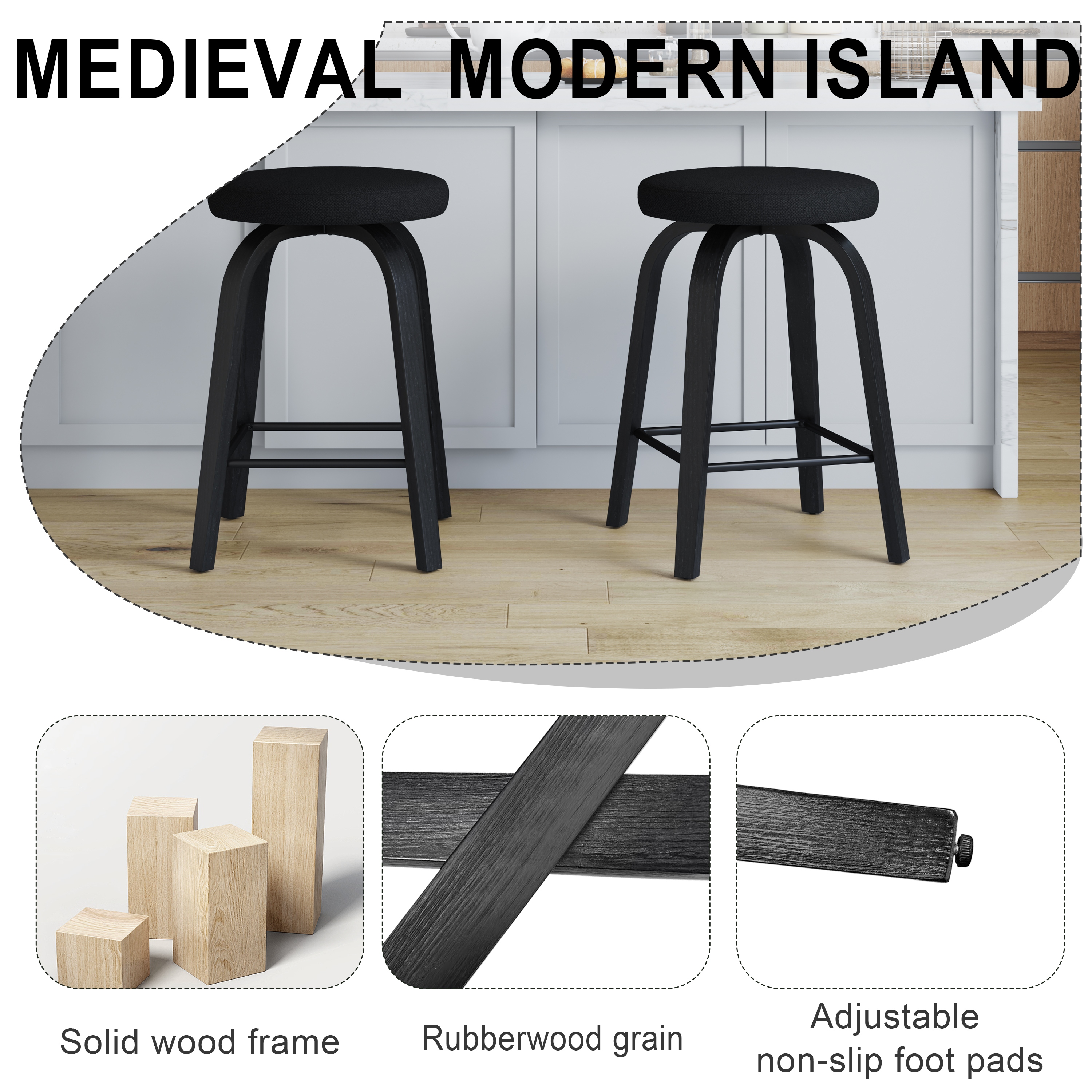 Swivel Bar Stools Set of 2, Counter Height Backless 26″Bar Stools, Fabric Upholstered Seat, Sturdy Wood Legs and Metal Footrest