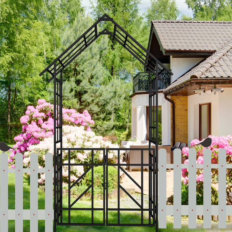 Metal Garden Arch with Bench Turned into Flower Stand Climbing Plants Support Rose Arch Outdoor Black