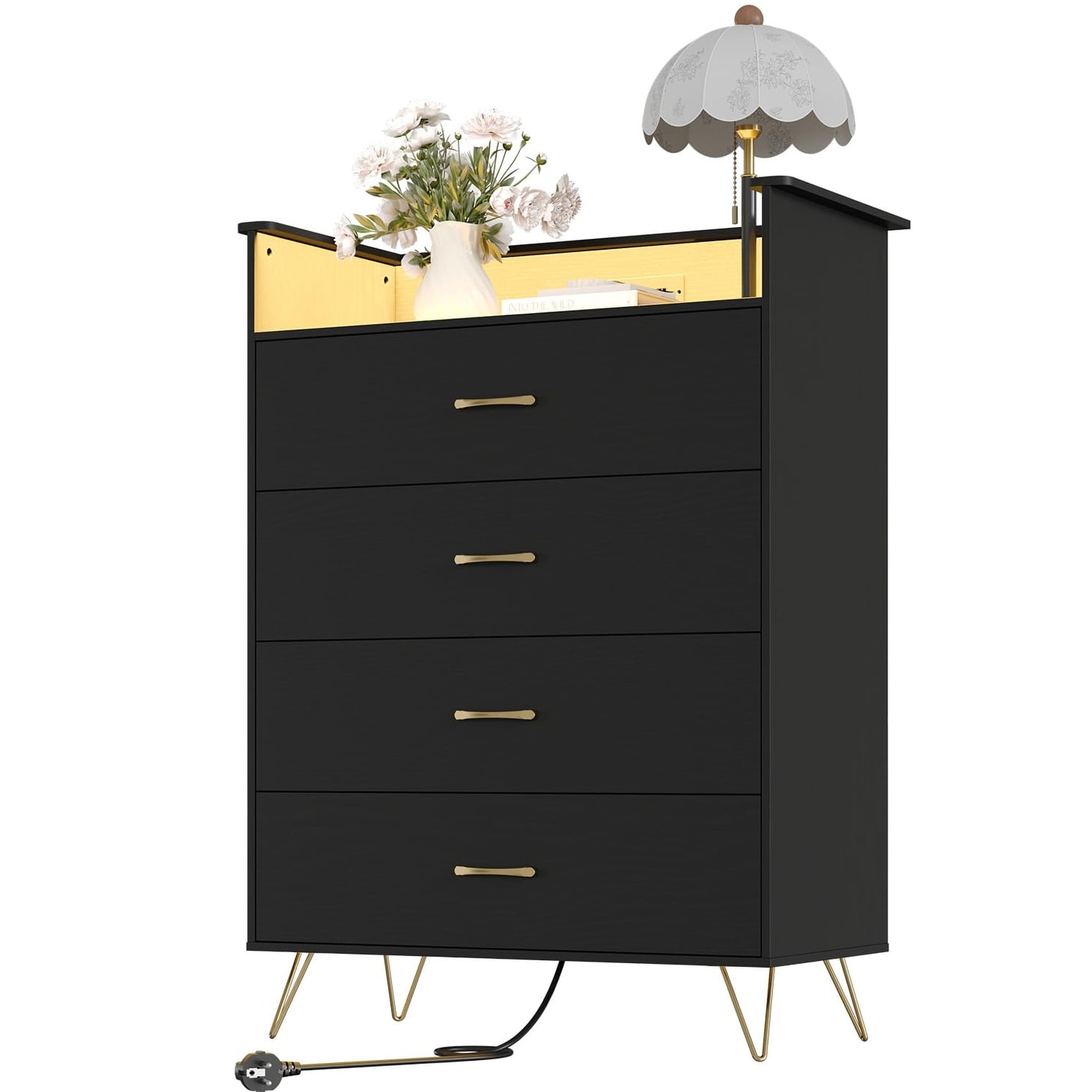 4 Drawer Dresser with Power Outlets & RGB LED Lights, Tall Modern Wood Storage Chest with App Control