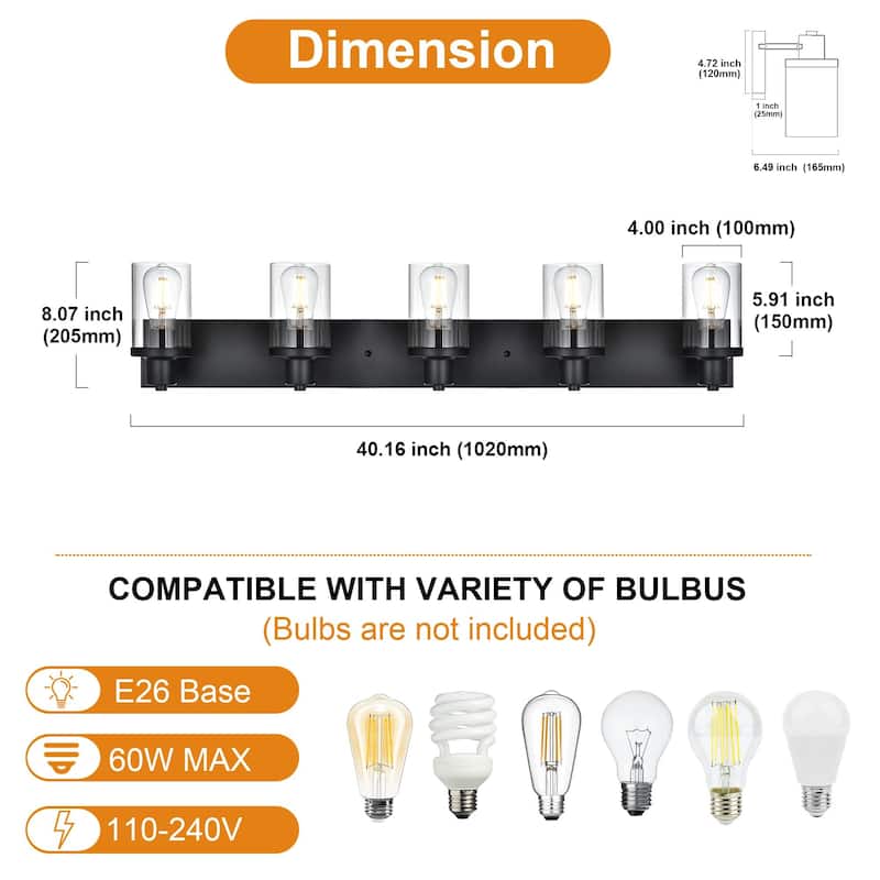 Rustic Wall Light Fixture in Matte Black Finish, 5 Light Bathroom Vanity Lighting with Clear Glass Shade, Wall Lamp Sconces