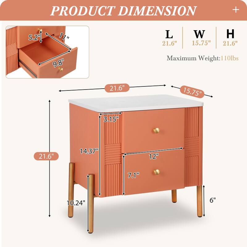 Fluted Bedside Table Nightstand with 2 Storage Drawer, Orange End Table Storage Cabinet with Metal Handles and Legs