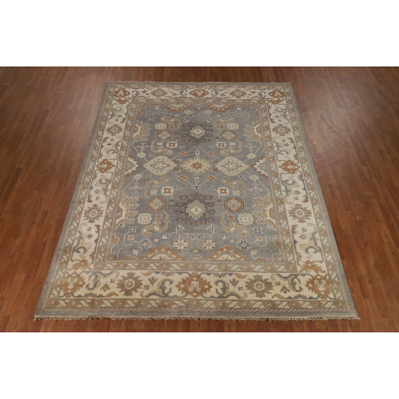 Gray Ivory Oushak Indian Area Rug Handmade Wool Carpet - 7'10" x 10'3"