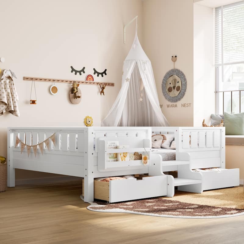 Multiple Colors Toddler Montessori Bed Children's Platform Bed with Low Profile Stairs, Built-in Bookshelf and Storage Drawers