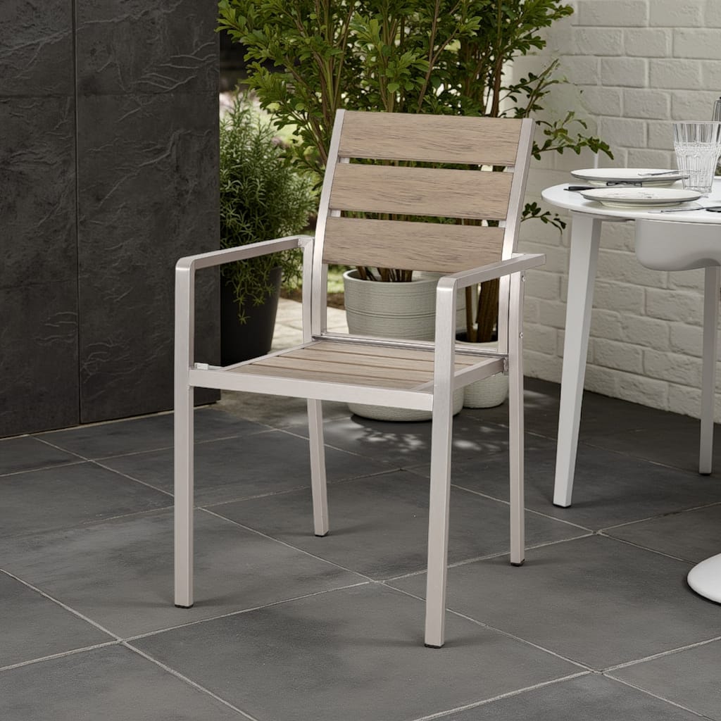 Remo Dining Chair Set of 2, Outdoor Brown Faux Wood Seat, Silver Metal