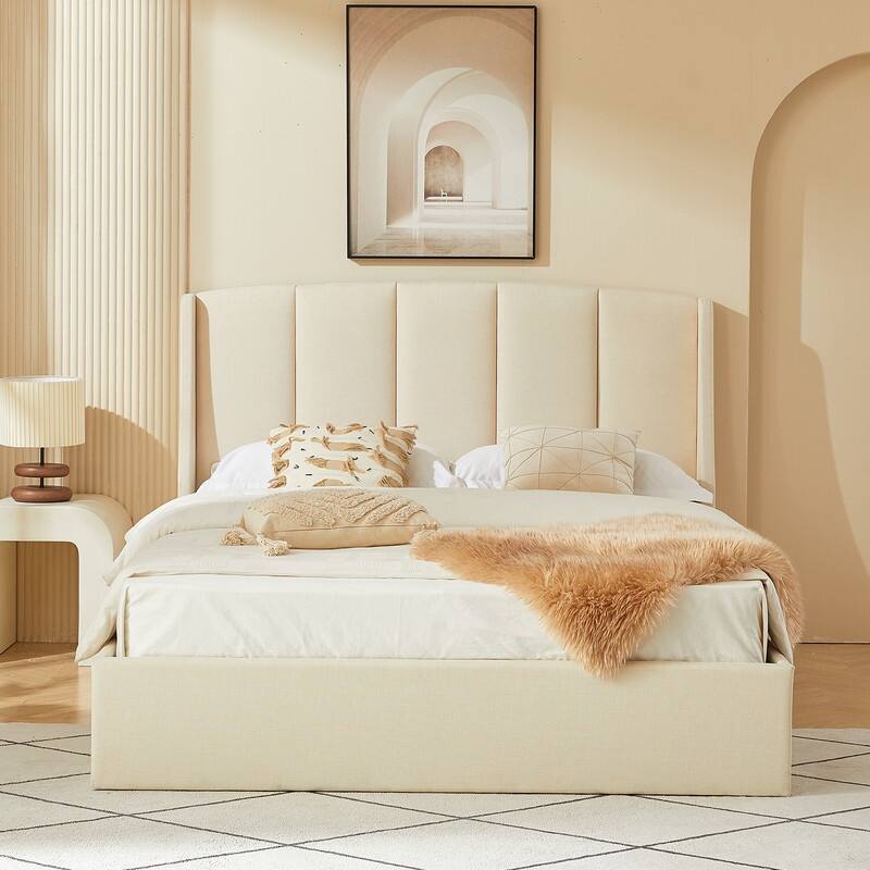 Linen Wingback Hydraulic Lift Up Storage Upholstered Platform Bed - Beige - Queen