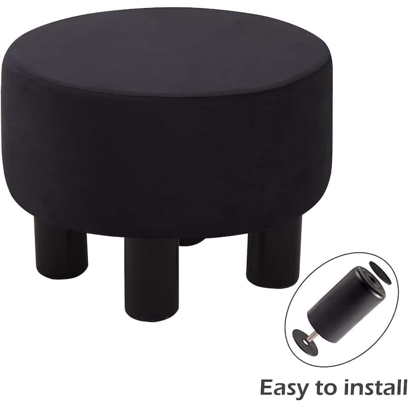 Modern Small Round Linen Ottoman Footstool with Wooden Legs for Bedroom or Living Room