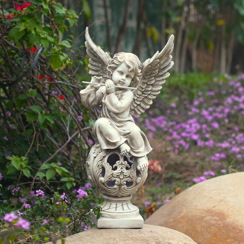 24 Inch Tall Set of 2 Polyresin Cherubs on Ornate Pedestals - 11.3x9.6x24.2