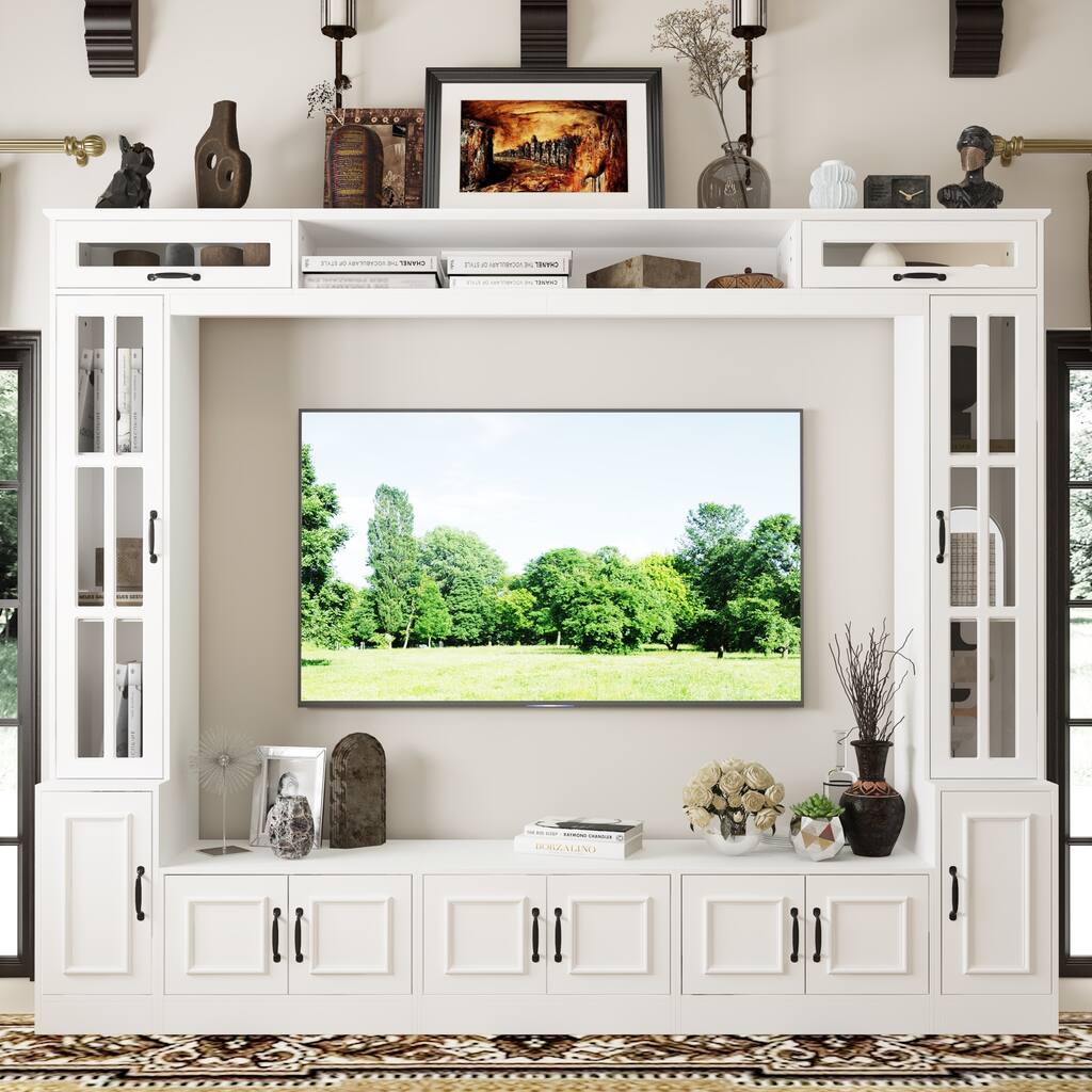 Modern White Entertainment Center Tempered Glass Doors Hydraulic Top