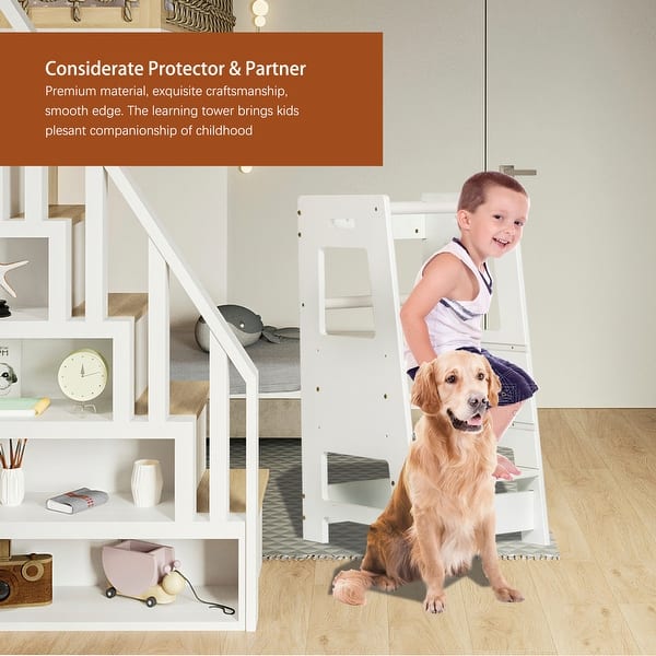 Toddler Kitchen Helper Stool - Adjustable Height Standing Tower With Safety Rail, Step Stool For Kids 18+ Months