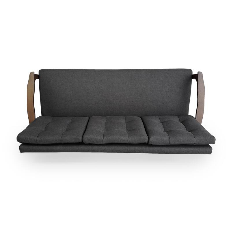 Mid Century Waffle Stitch Tufted Accent Sofa with Rubberwood Legs, Charcoal Grey Fabric