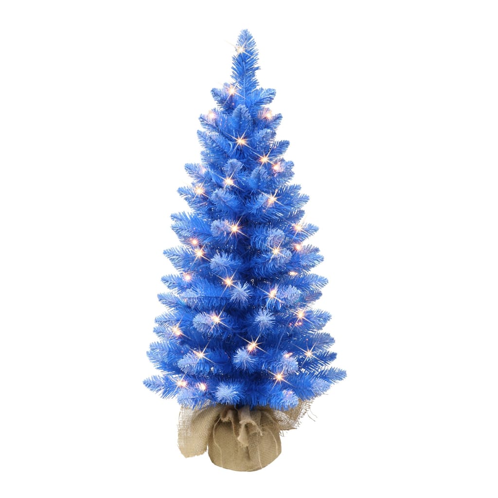 3' Potted Blue Pine Slim Artificial Christmas Tree, Clear Lights - 3 Foot