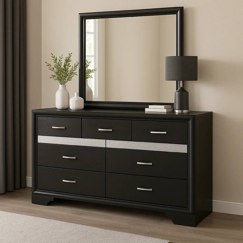 Vino Wide Dresser with Mirror, 7 Drawers, Modern Black, Chrome Accent