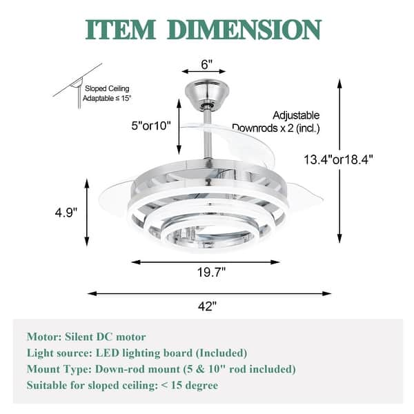 dimension image slide 2 of 6, Cusp Barn 42" Retractable Ceiling Fan with Lights and Remote DIY Shape Fandelier Modern Silent DC Motor LED Ceiling Light