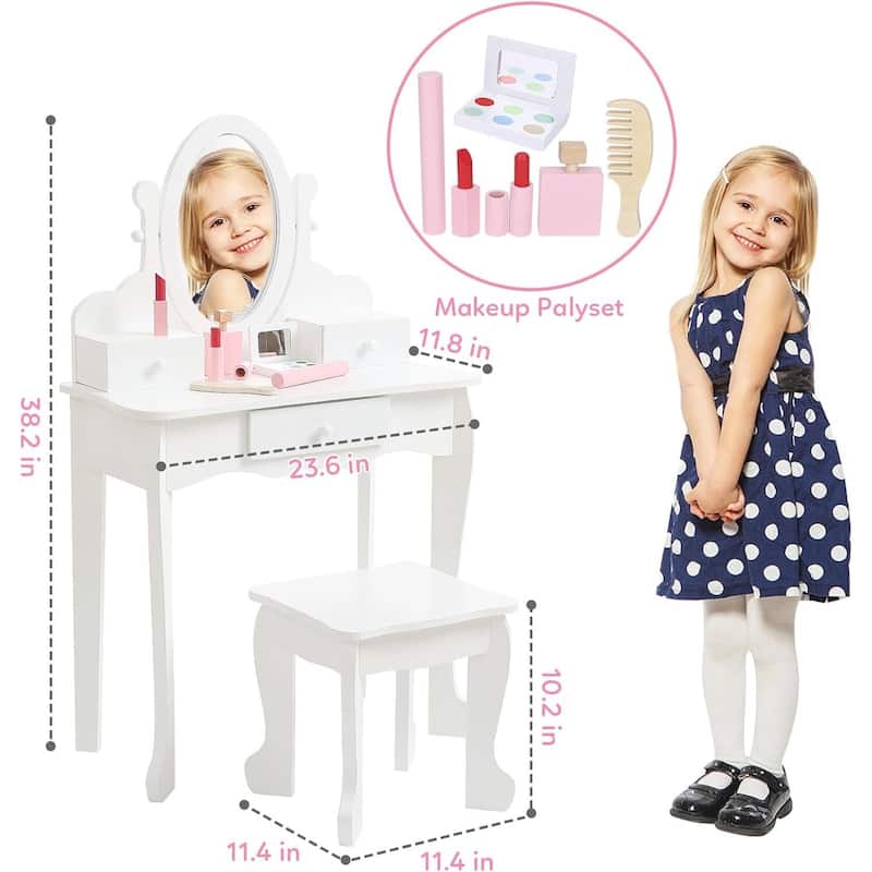 Girls Makeup Vanity Table Set with Stool, Dressup Playset