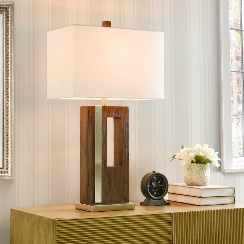 Hudson Silver Table Lamp - Brushed Brown Polyresin Cut Out Body - White Shade