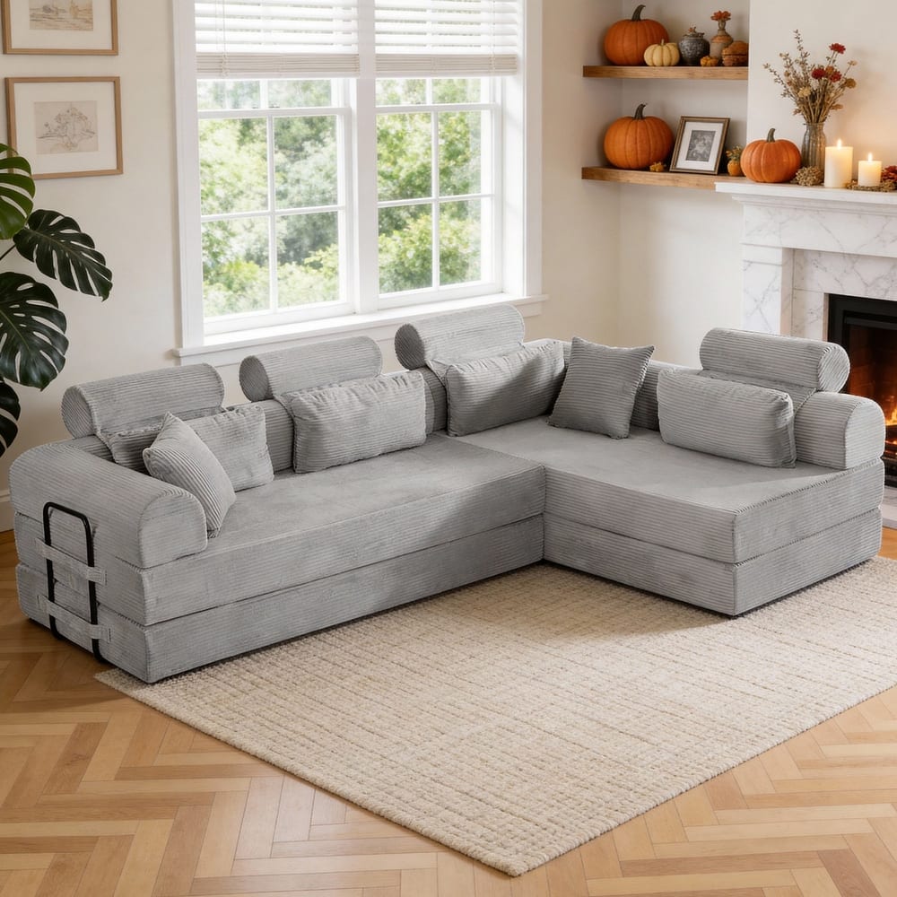 106.3" L-Shaped Corduroy Sectional Sofa with Pillows, No Assembly Required