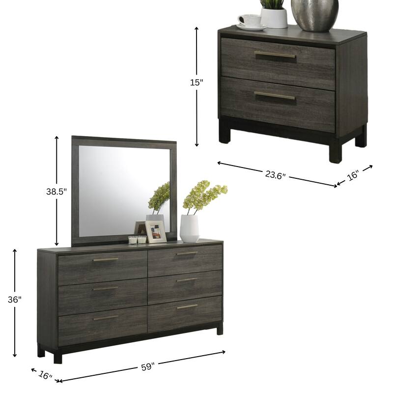 Roundhill Furniture Ioana 187 Antique Grey Finish Wood Bed Room Set, King Size Bed, Dresser, Mirror, Night Stand
