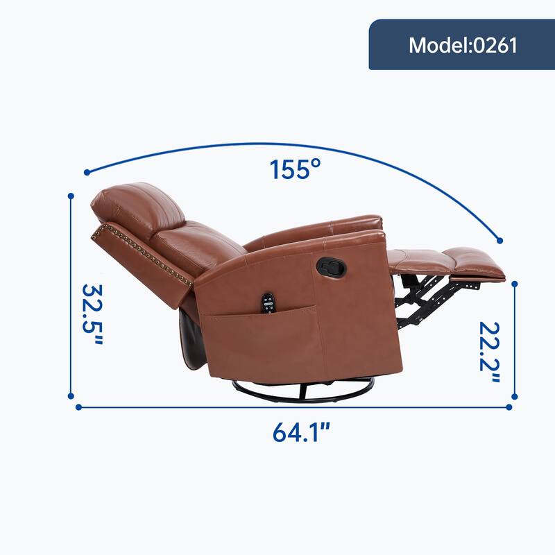 Genuine Leather Heat Massage Manual Recliner Chair with Rocker and Swivel
