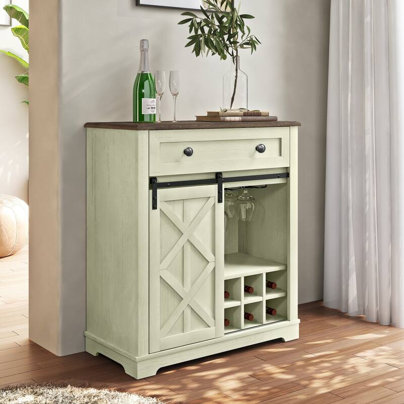 Rustic Chic Wine Cabinet with Glass Holder & Wine Rack - 32" in Width - Light Moss Green
