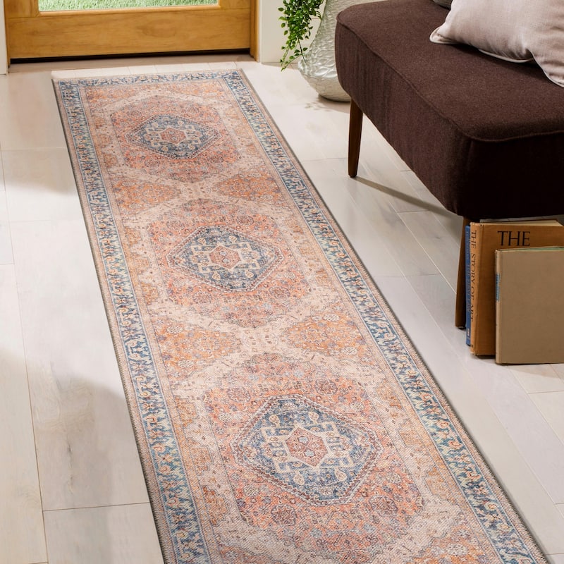 Beige Medallion Flat Pile Washable Rug - Pet Friendly, Non-Slip for Entryway and Bedroom - Rust - 2'6" x 6'