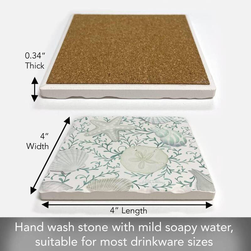 Absorbent Stone Tumbled Tile Coasters, Beach Therapy Shells, Set of 4