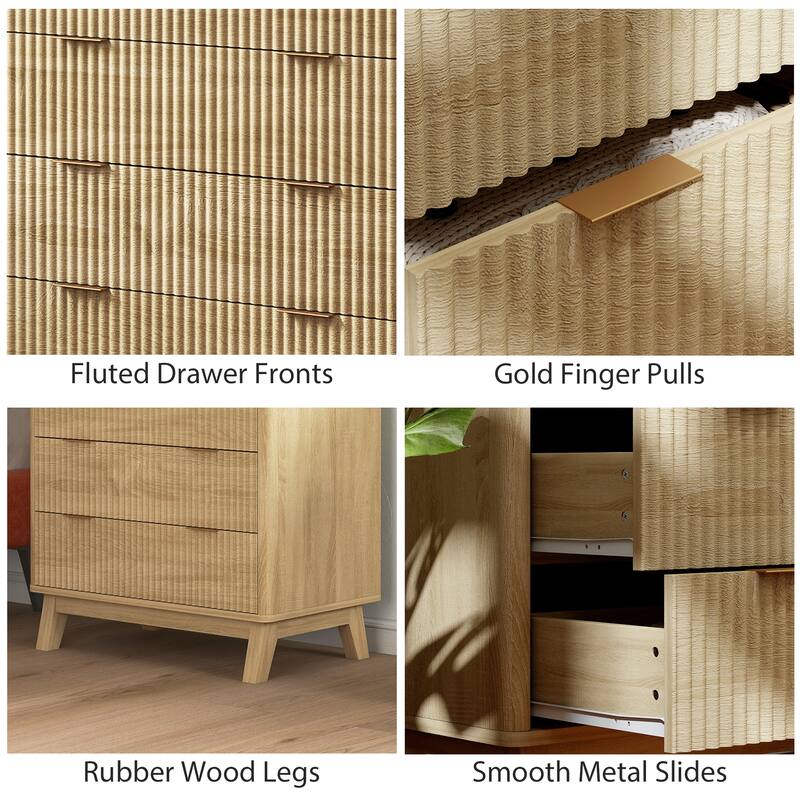 HOMCOM Fluted Dresser for Bedroom with 4 Drawers, 28" Wide Chest of Drawers with Gold Finger Pulls and 4 Wood Legs, Natural Wood