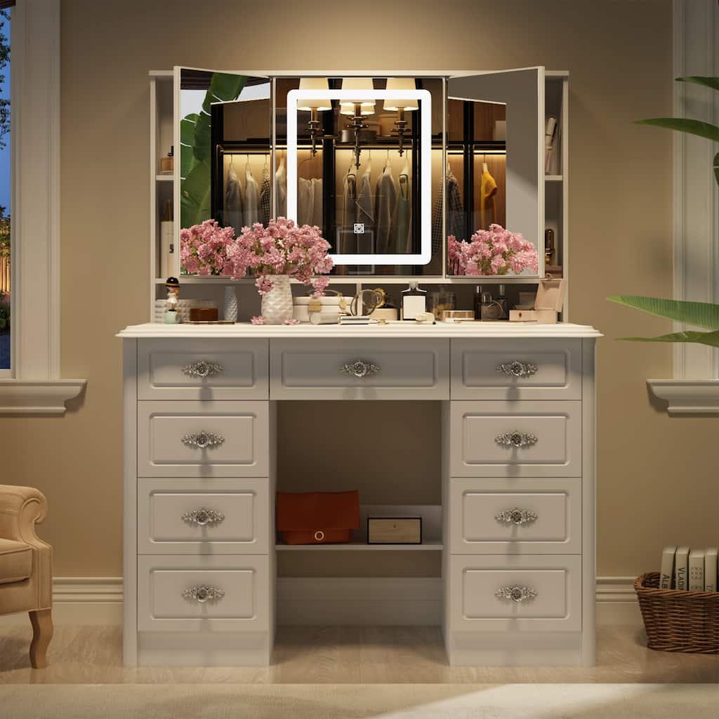 43.3"W Makeup Vanity White Vanity Desk with Hidden Storage Shelves